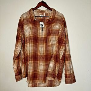 NWT BKE Boyfriend Shirt Womens Large Long Sleeve Washed Zip Up Plaid Top Y2K